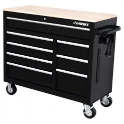 Husky 42 in. W x 18.1 in. D 8-Drawer Black Mobile Workbench Cabinet with Solid Wood Top