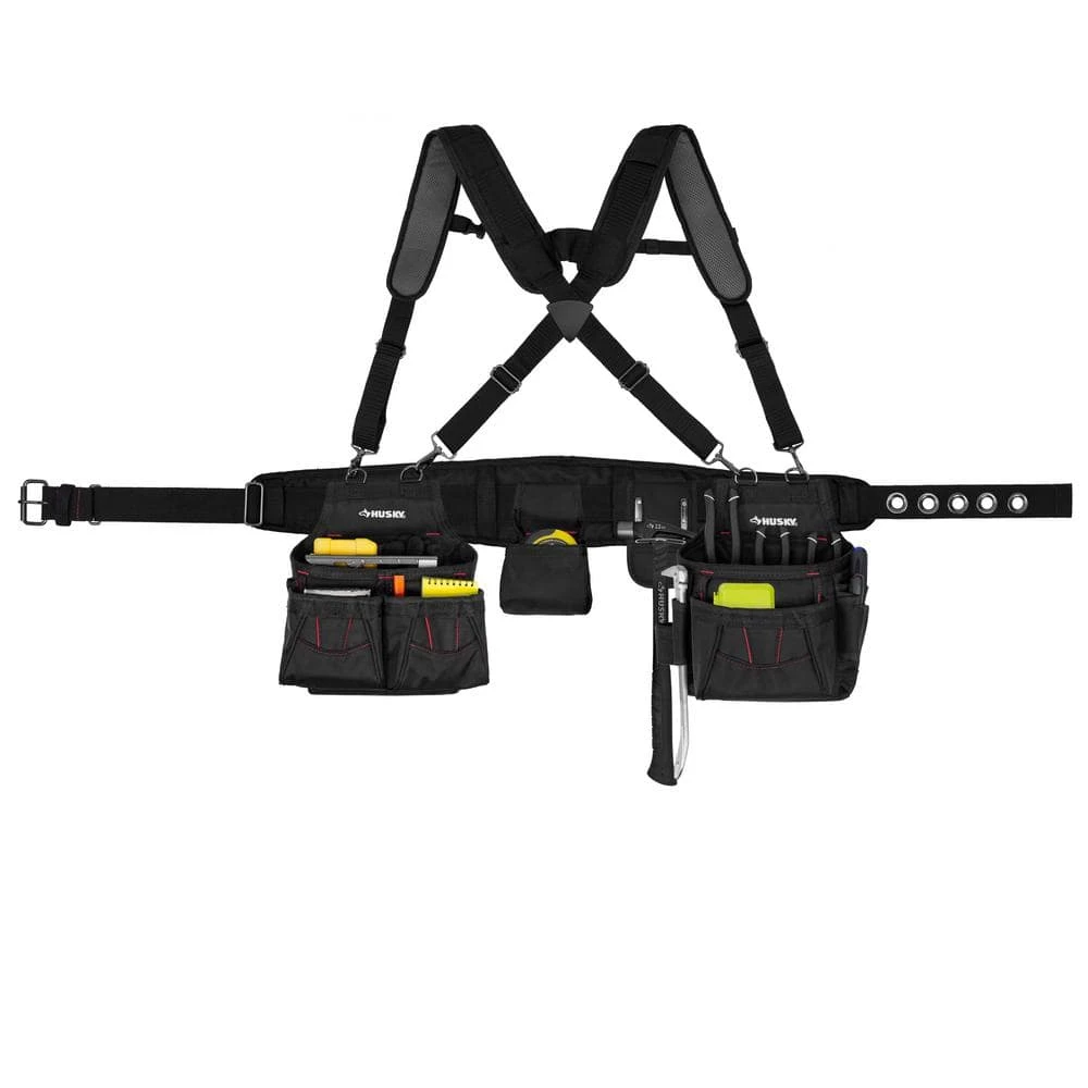 Husky 2-Bag 18 -Pocket Black Framer's Suspension Rig Work Tool Belt with Suspenders 3 Husky 2-Bag 18 -Pocket Black Framer's Suspension Rig Work Tool Belt with Suspenders