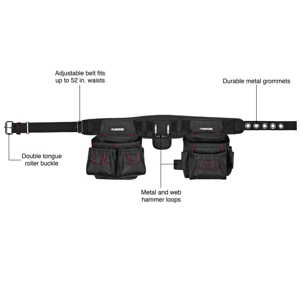 Husky 2-Bag 10-Pocket Black Contractor's Work Tool Belt 5 Husky 2-Bag 10-Pocket Black Contractor's Work Tool Belt - Image 3