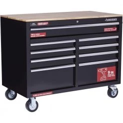 Husky 46 in. W x 24.5 in. D Standard Duty 9-Drawer Mobile Workbench Tool Chest with Solid Wood Top in Gloss Black -Tool Storage Online Shop gloss black with silver trim husky mobile workbenches h46mwc9v2 66 1000