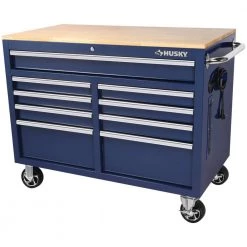 Husky 46 in. W x 24.5 in. D Standard Duty 9-Drawer Mobile Workbench Tool Chest with Solid Wood Top in Gloss Blue