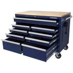 Husky 46 in. W x 24.5 in. D Standard Duty 9-Drawer Mobile Workbench Tool Chest with Solid Wood Top in Gloss Blue -Tool Storage Online Shop gloss blue with silver trim husky mobile workbenches h46mwc9gbv2 a0 1000