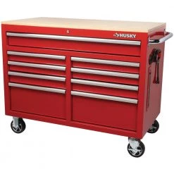 Husky 46 in. W x 24.5 in. D 9-Drawer Gloss Red Deep Tool Chest Mobile Workbench with Hardwood Top