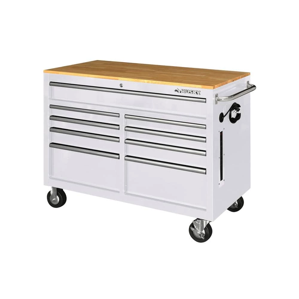 Husky 46 in. W x 24.5 in D Standard Duty 9-Drawer Mobile Workbench Tool Chest with Solid Wood Top in Gloss White 3 Husky 46 in. W x 24.5 in D Standard Duty 9-Drawer Mobile Workbench Tool Chest with Solid Wood Top in Gloss White