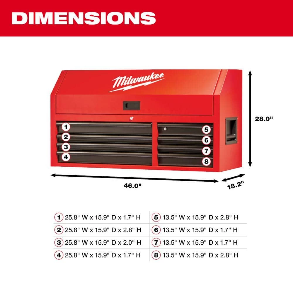 Milwaukee 46 in. 8-Drawer Steel Storage Top Chest in Red and Black 5 Milwaukee 46 in. 8-Drawer Steel Storage Top Chest in Red and Black - Image 3