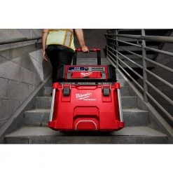 Milwaukee PACKOUT 20 in. 2-Wheel Utility Cart with M18 Lithium-Ion Cordless PACKOUT Radio/Speaker with Built-In Charger -Tool Storage Online Shop red black milwaukee modular tool storage systems 48 22 8415 2950 20 4f 1000