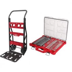 Milwaukee PACKOUT 20 in. 2-Wheel Folding Utility Cart w/3/8 in. and 1/4 in. SAE/Metric Mechanics Set (107-Piece)