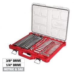 Milwaukee PACKOUT 20 in. 2-Wheel Folding Utility Cart w/3/8 in. and 1/4 in. SAE/Metric Mechanics Set (107-Piece) -Tool Storage Online Shop red black milwaukee modular tool storage systems 48 22 8415 48 22 9486 c3 1000