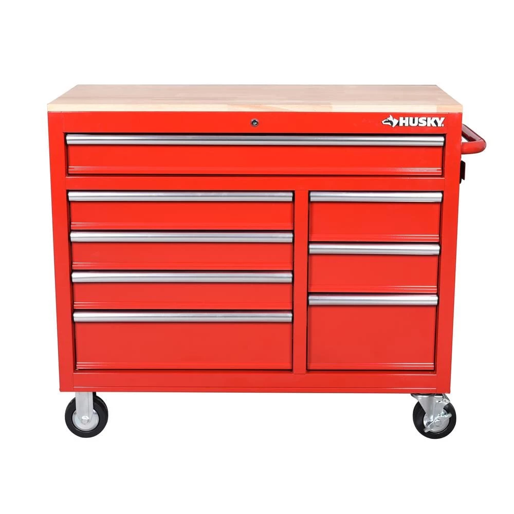 Husky 42 in. W x 18.1 in. D 8-Drawer Red Mobile Workbench Cabinet with Solid Wood Top 5 Husky 42 in. W x 18.1 in. D 8-Drawer Red Mobile Workbench Cabinet with Solid Wood Top - Image 3