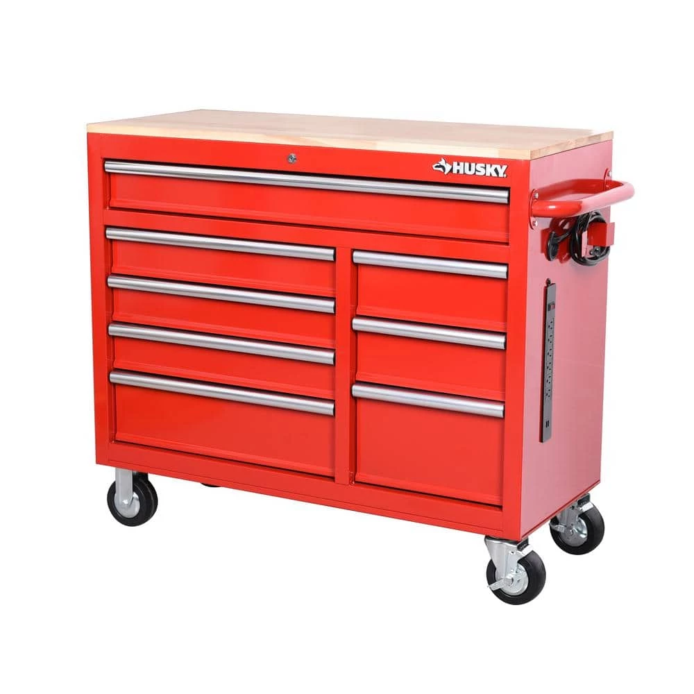 Husky 42 in. W x 18.1 in. D 8-Drawer Red Mobile Workbench Cabinet with Solid Wood Top 3 Husky 42 in. W x 18.1 in. D 8-Drawer Red Mobile Workbench Cabinet with Solid Wood Top