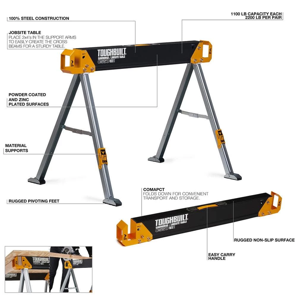 TOUGHBUILT 42.4"W x 28.8"H C550 Powder-Coat Steel Sawhorse and Jobsite Table with 1100 lb capacity 4 TOUGHBUILT 42.4"W x 28.8"H C550 Powder-Coat Steel Sawhorse and Jobsite Table with 1100 lb capacity - Image 2